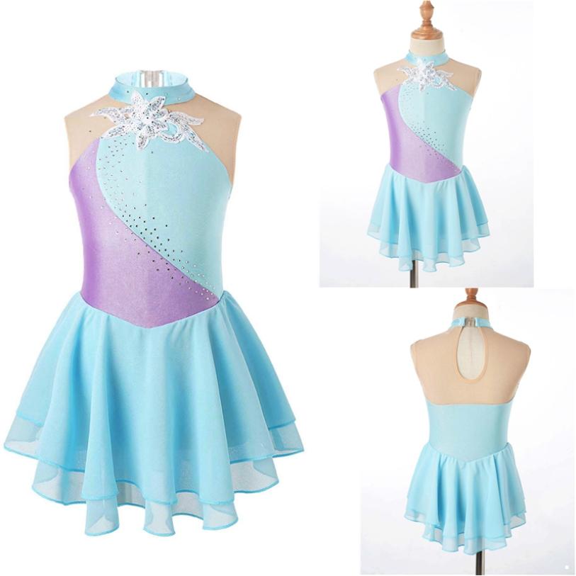 Tiaobug Kunstschaatsjurken voor meisjes Glanzende strass gymnastiekpakjes Meisjesdansballetpak 11-12 Years blauw