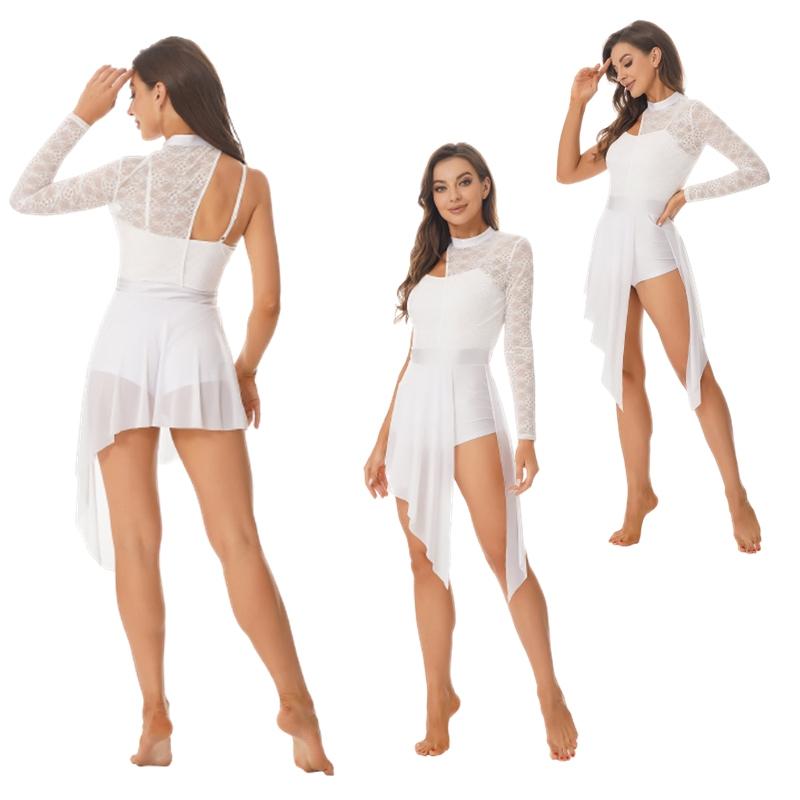 Sywiyi Vrouwen Een Schouder Lyrische Dansjurk Kant Ballet Schaatsen Leotard Jurken Ballerina Danskleding L wit