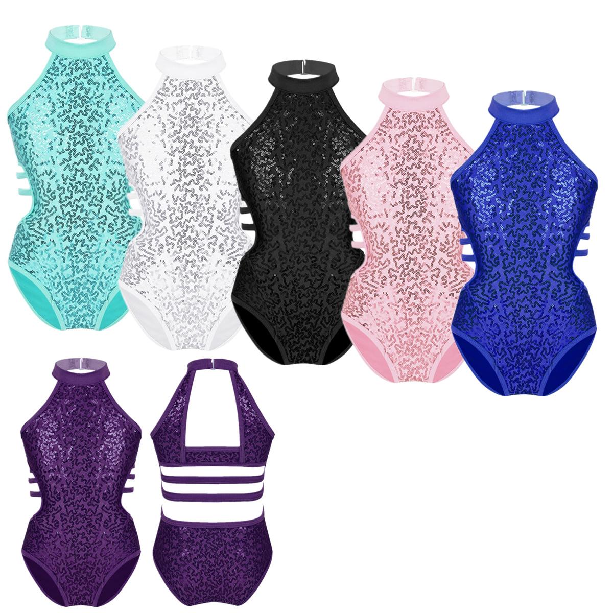 YOOJIA Kids Meisjes Halter Uitsparing Terug Strappy Taille Ballet Dans Turnpakje Glanzende Pailletten Gymnastiek Atletiek Jumpsuit 9-10 Years zwart