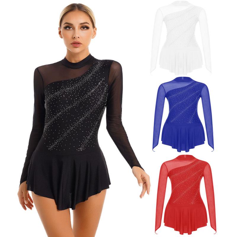 Manyakai Dames meisjes kunstschaatsen dansjurken glitter strass pure mesh patchwork turnpakje met lange mouwen S wit