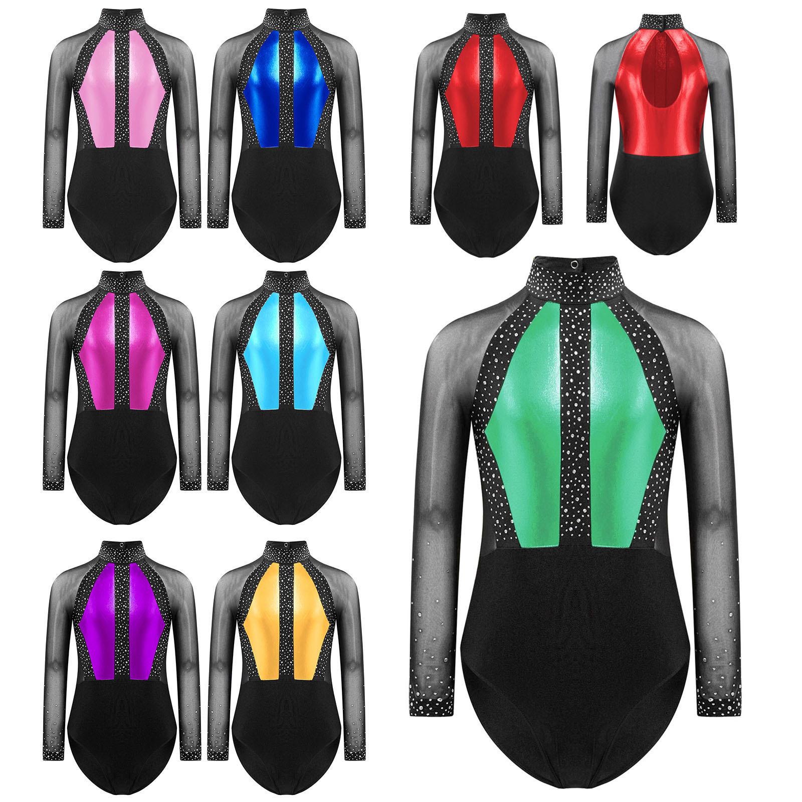 IEFiEL Kinderen Meisjes Glanzende Strass Leotard Kleur Blok Patchwork Sleutelgat Rug Transparant Mesh Lange Mouw Bodysuit voor Gymnastiek Dans Kunstschaatsen 13-14 Years goud