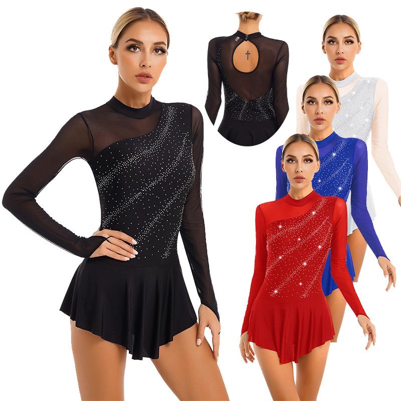 Ranrann Dames kunstschaatsen dansjurken strass pure mesh patchwork turnpakje met lange mouwen S zwart