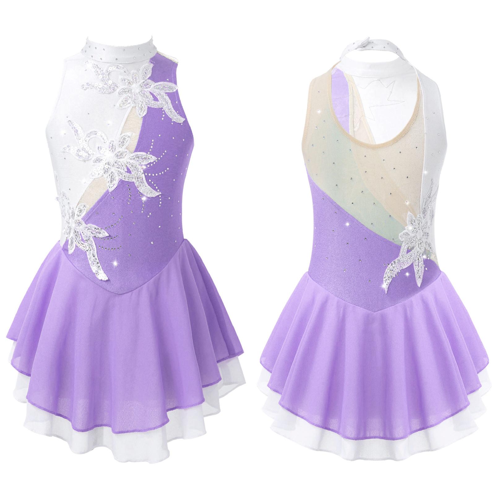 Yeahdor Kinderen Meisjes Pailletten Bloemen Mesh Turnpakje Jurk Ijs Roller Kunstschaatsen Danskleding 9-10 Years lichtblauwe kleur