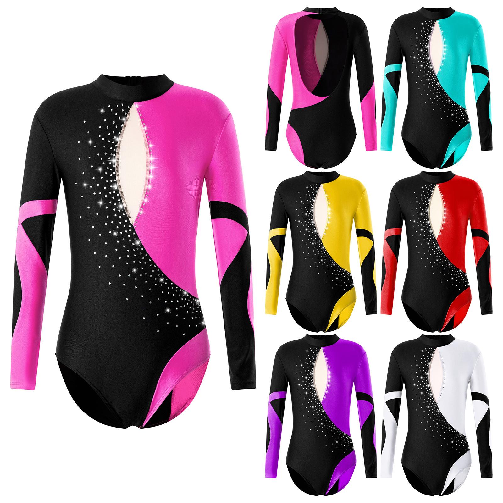 Fldy Meisjes Dans Gymnastiek Turnpakje Lange Mouw Diamanten Versierd Mesh Patchwork Stijl Romper Kinderen 5-6 Years