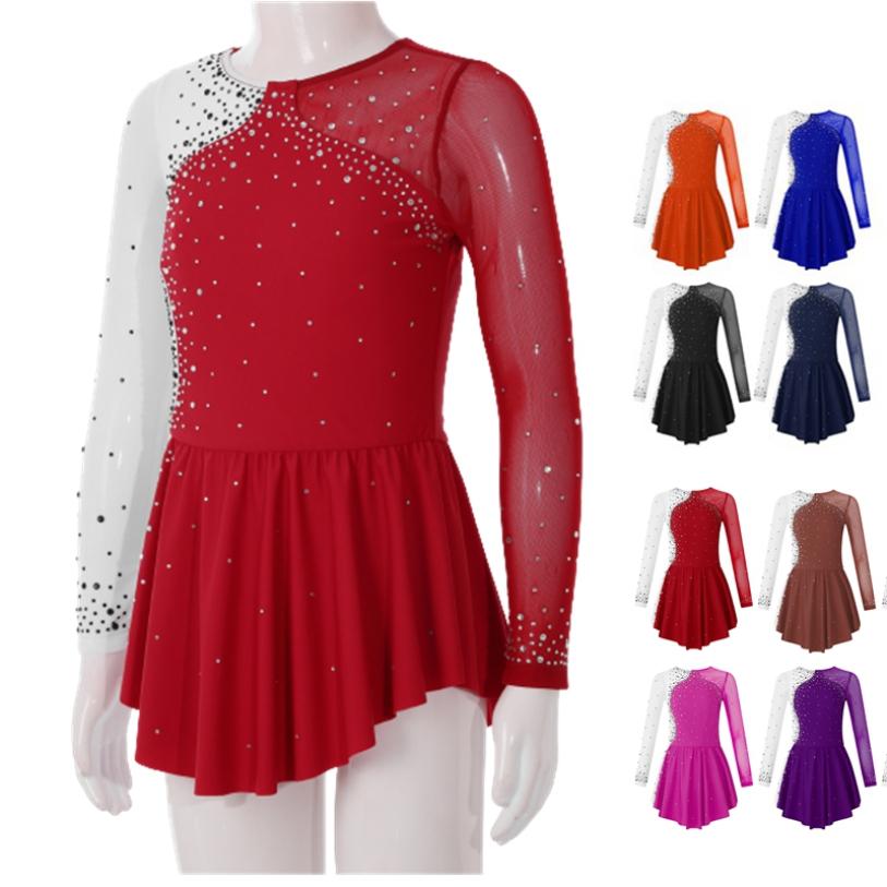 HULIJA Meisjes Strass Mesh Lange Mouw Figuur Schaatsen Jurk Ballet Dans Turnpakje Jurk Tutu Rok Competitie Kostuum 11-12 Years koningsblauwe kleur