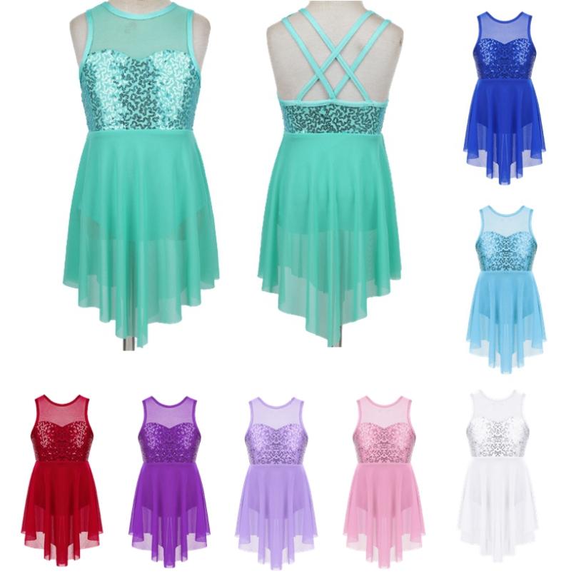 Inlzdz Lyrische danskostuum ballroomjurk meisjes mouwloze pailletten mesh turnpakje balletjurken 11-12 Years mintgroene kleur