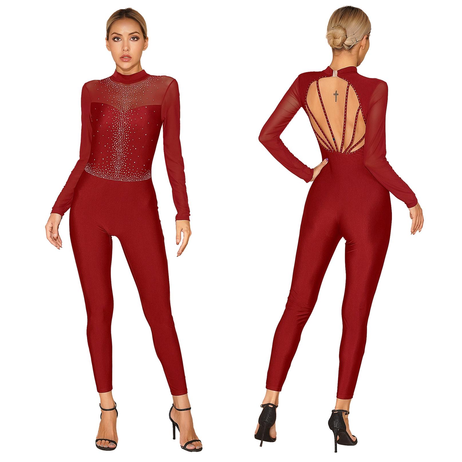 Inlzdz Womens gymnastiek jumpsuits glanzende strass schaatsen bodysuit lange mouw ballet dans maillots jumpsuit S koningsblauwe kleur