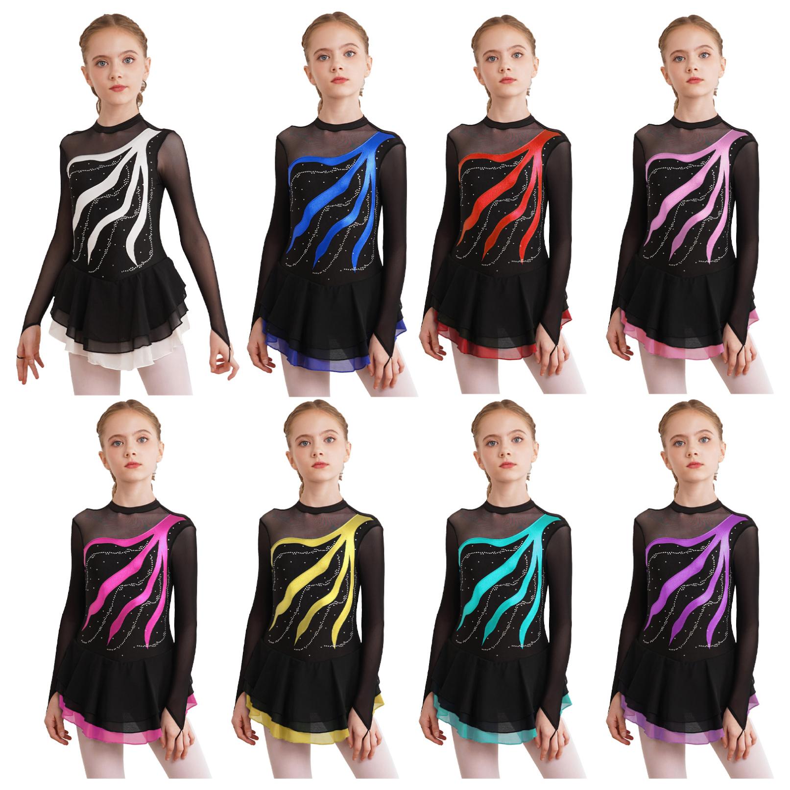 Tiaobug Kid meisjes lange mouwen glanzende ballet rok turnpakje patchwork stijl holle rug dans tutu jurken 5-6 Years wit