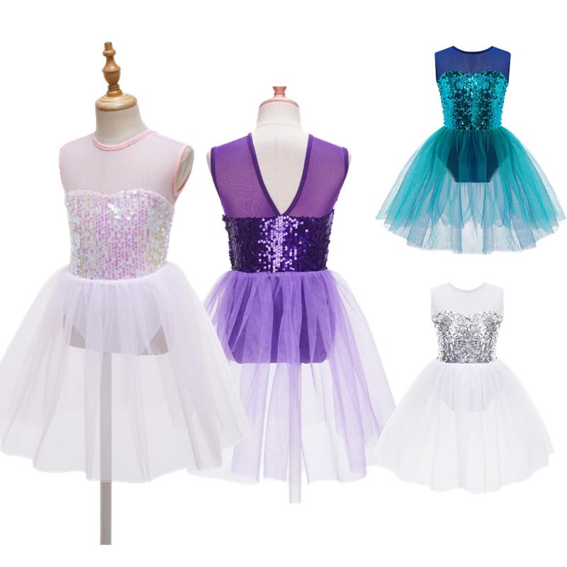 Sxiwei Kinderen danskleding meisjes glanzende pailletten mouwloze open rug mesh patchwork dans turnpakje jurk 13-14 Years roze