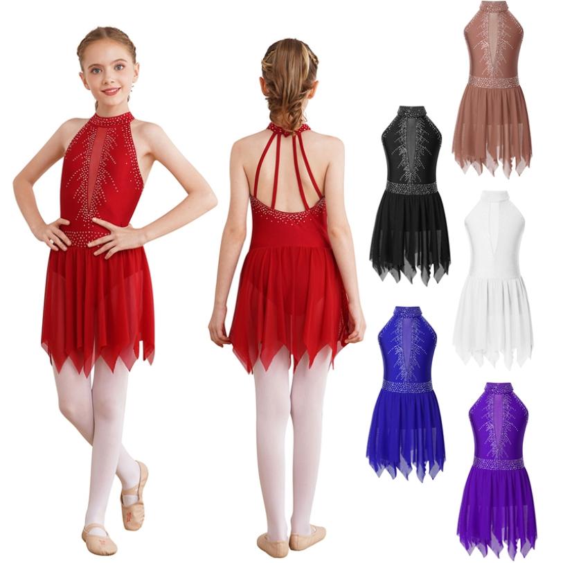 Manyakai Kinderen Meisjes Figuur Schaatsen Dans Jurk Mouwloos Glanzende Strass Mesh Turnpakje Tutu Ballet Gymnastiek Lyrische Jurken 9-10 Years koningsblauwe kleur