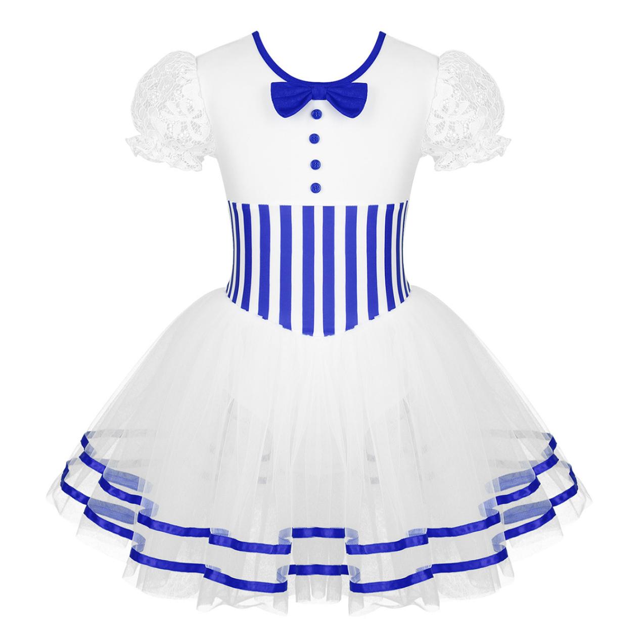 IEFiEL Peuter Meisjes Kerst Dans Kostuum Figuur Schaatsen Rolschaatsen Korte Kanten Mouwen Streep Mesh Tutu Ballet Turnpakje Jurk 11-12 Years blauw