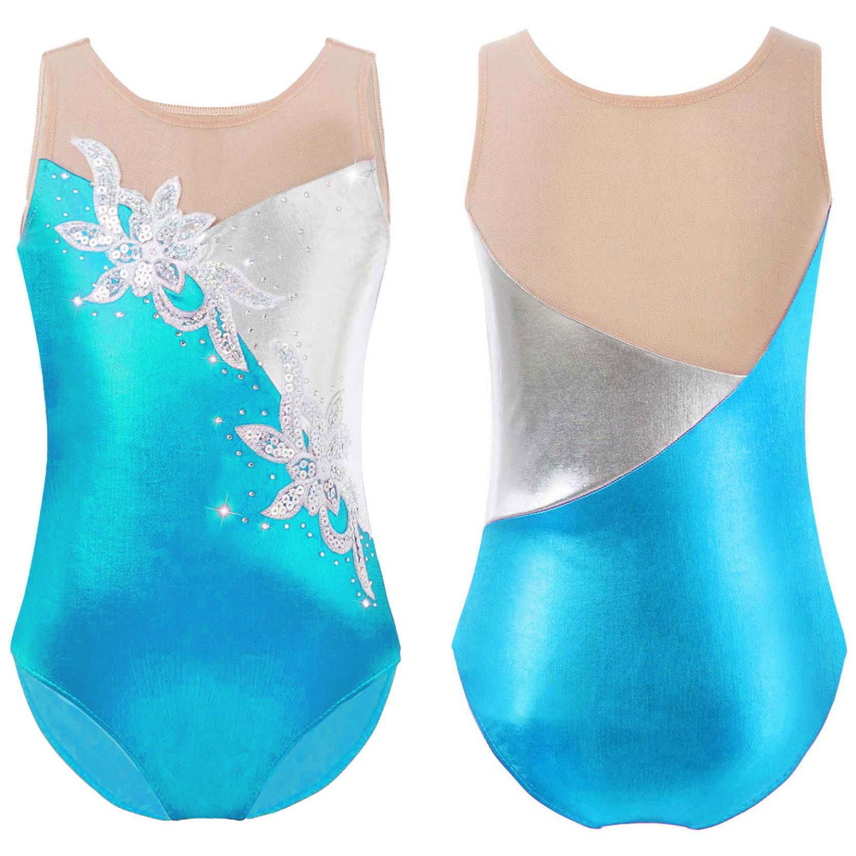 IEFiEL Kinderen Meisjes Ronde Hals Mouwloze Mesh Patchwork Dans Turnpakje Jumpsuit voor Ballet Dans Training Kleding 14-16 Years blauw