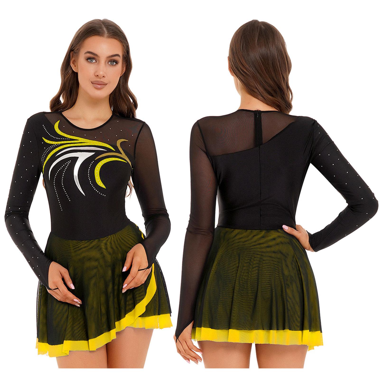 Inlzdz Womens Ballet Lyrische Dansvoorstelling Kostuums Glitter Strass Mesh Tutu Jurk Lange Mouw Figuur Schaatsen Jurken M geel