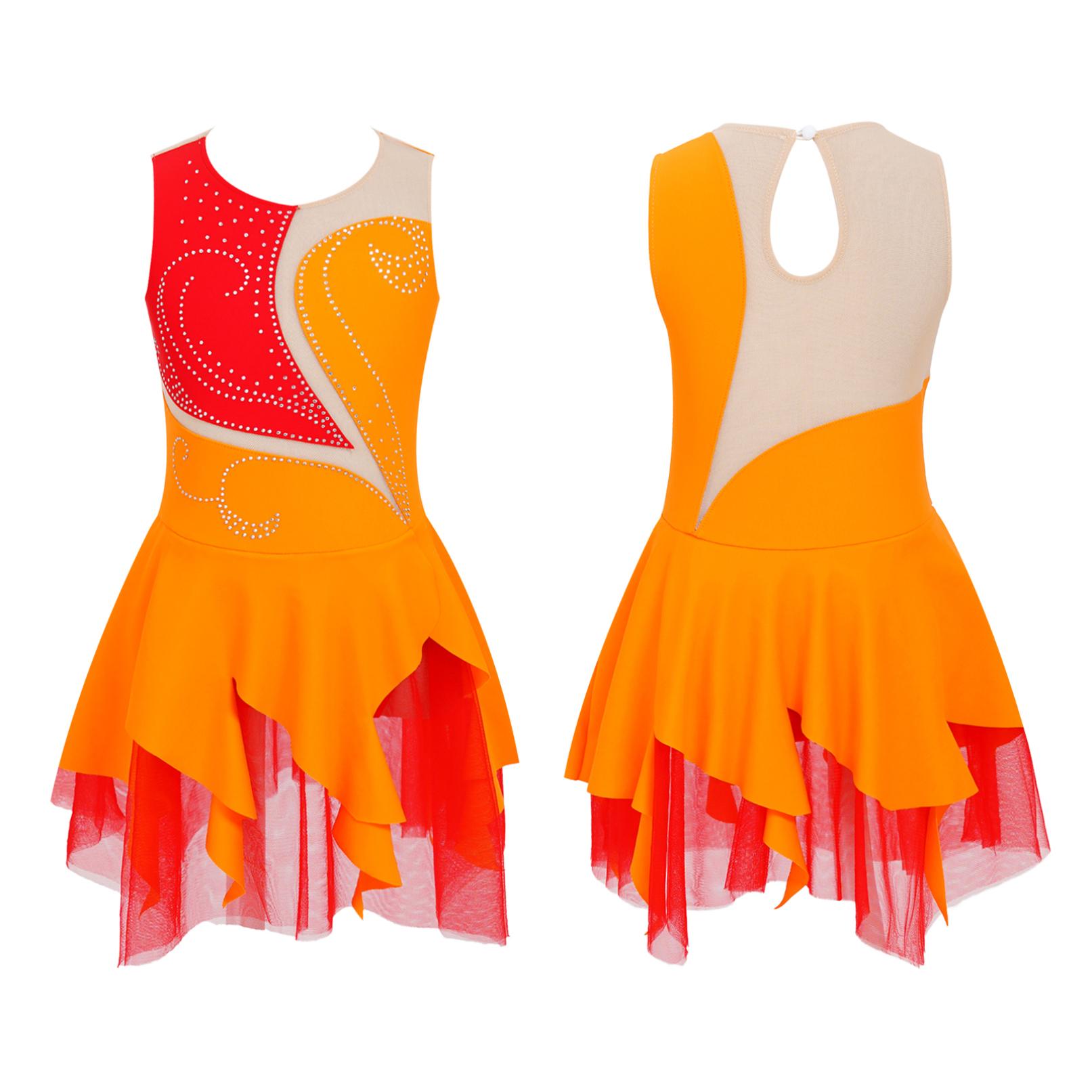 Ranrann Kinderen Glinsterende Strass Tule Ballet Gymnastiek Leotard Meisjes Kunstschaatsen Jurk Lyrische Hedendaagse Dans Kostuums 9-10 Years oranje