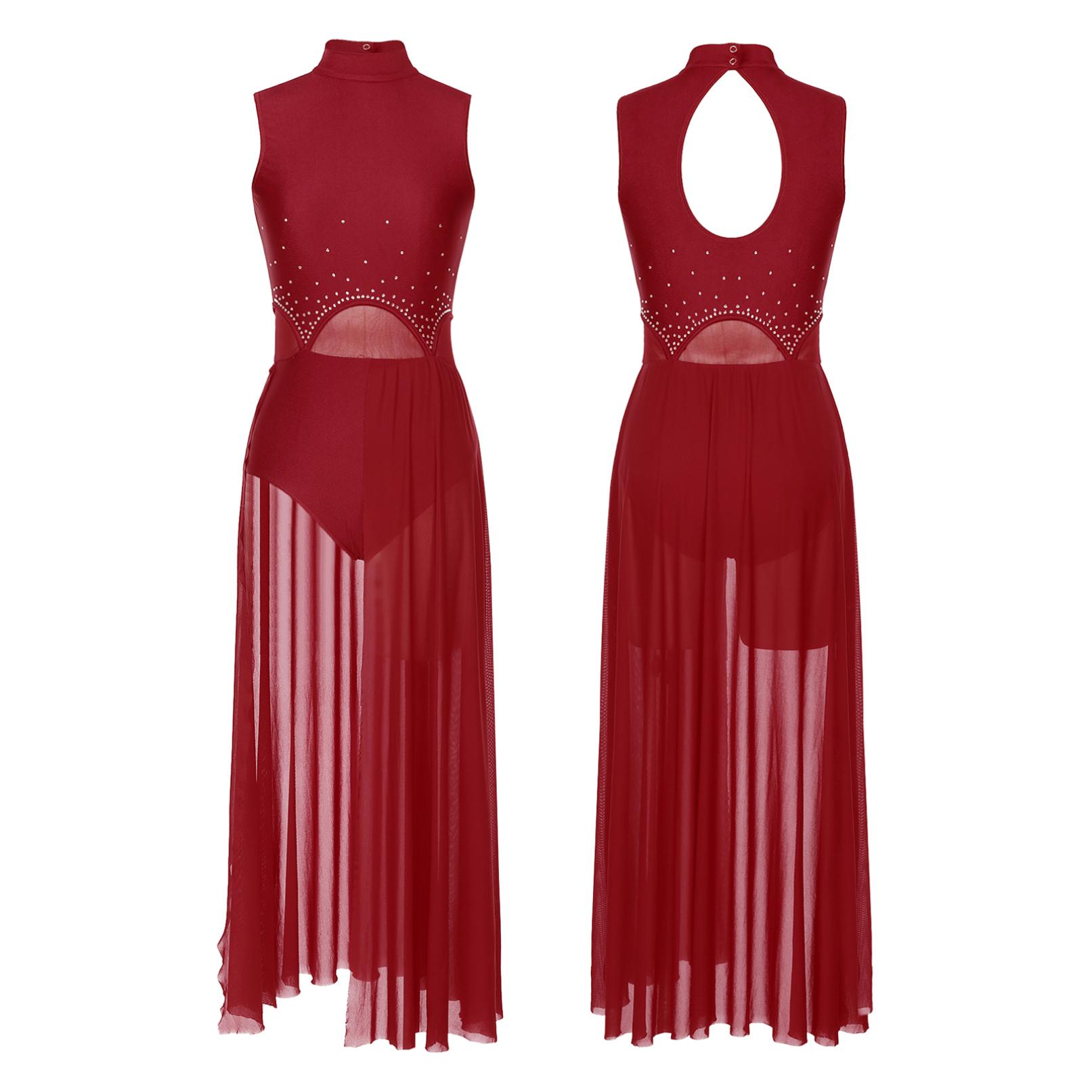 WinYing Vrouwen Moderne Lyrische Dansjurk Ballet Gymnastiek Leotard Mouwloos Strass Mesh Jurken Podiumvoorstelling Danskleding S bordeaux