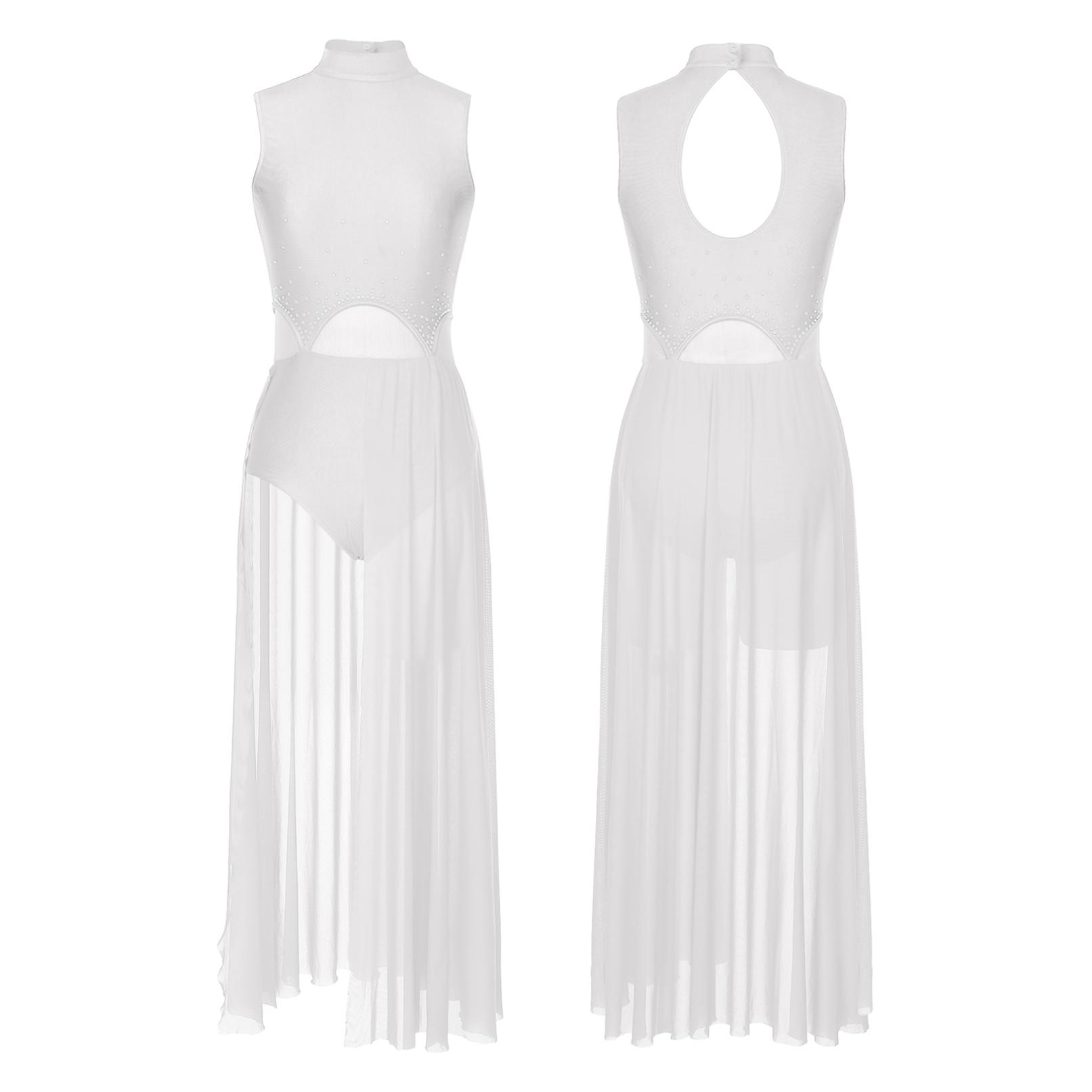WinYing Vrouwen Moderne Lyrische Dansjurk Ballet Gymnastiek Leotard Mouwloos Strass Mesh Jurken Podiumvoorstelling Danskleding S wit