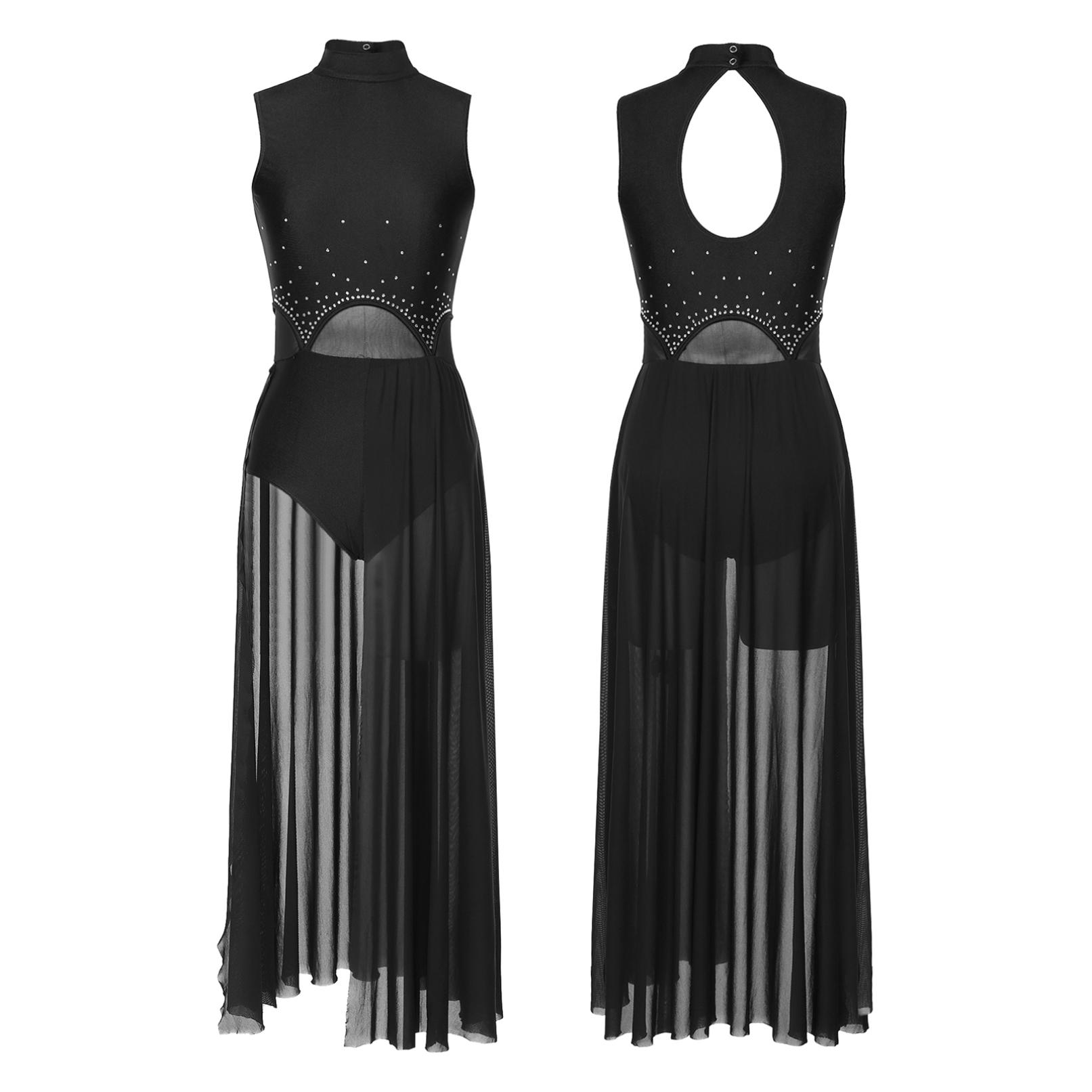 YONGHS Dames Lyrische Danskostuums Mouwloze Mesh Dans Maxi Lange Jurk Moderne Hedendaagse Danskleding S