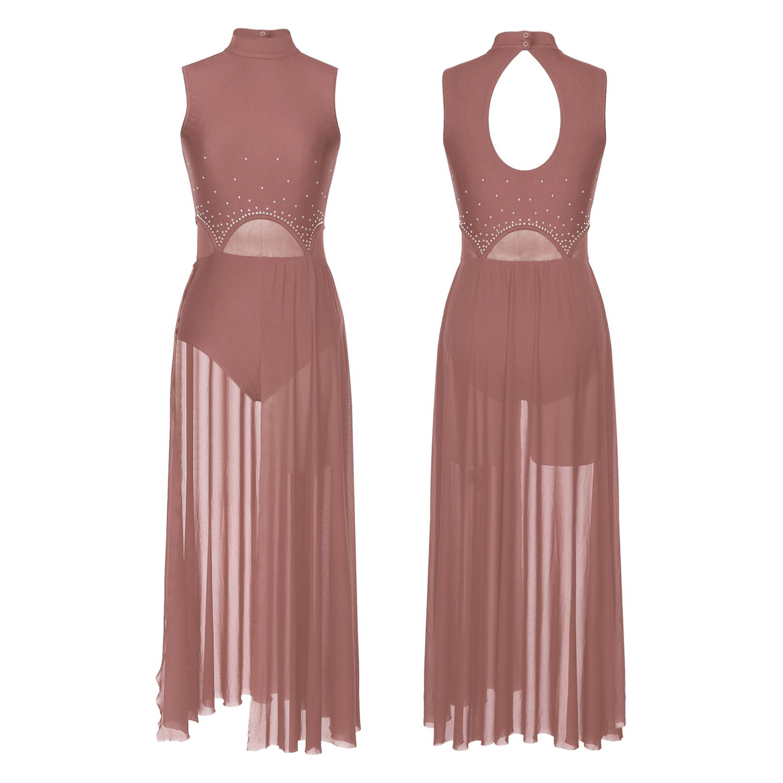 WinYing Vrouwen Moderne Lyrische Dansjurk Ballet Gymnastiek Leotard Mouwloos Strass Mesh Jurken Podiumvoorstelling Danskleding S lichtbruine kleur