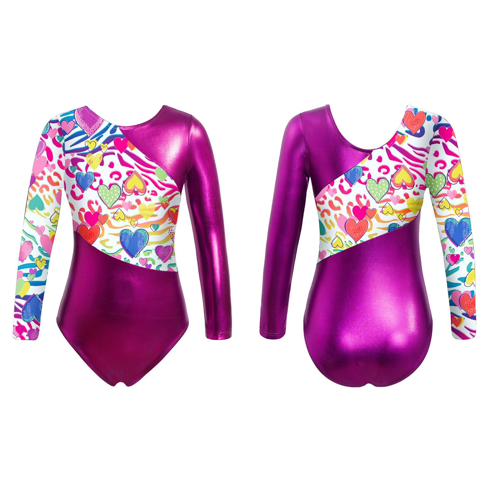 Linjinx Kinderen meisjes glanzend metallic lange mouwen gymnastiek maillots cartoon paard print ballet dans bodysuit unitards 3-4 Years rozerode kleur