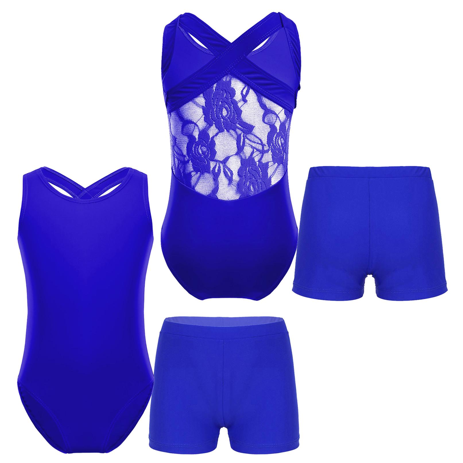HULIJA Mouwloos turnpakje met kanten achterkant voor kinderen en shorts Dansprestaties Gymnastiek Workout-outfits 7-8 Years koningsblauwe kleur