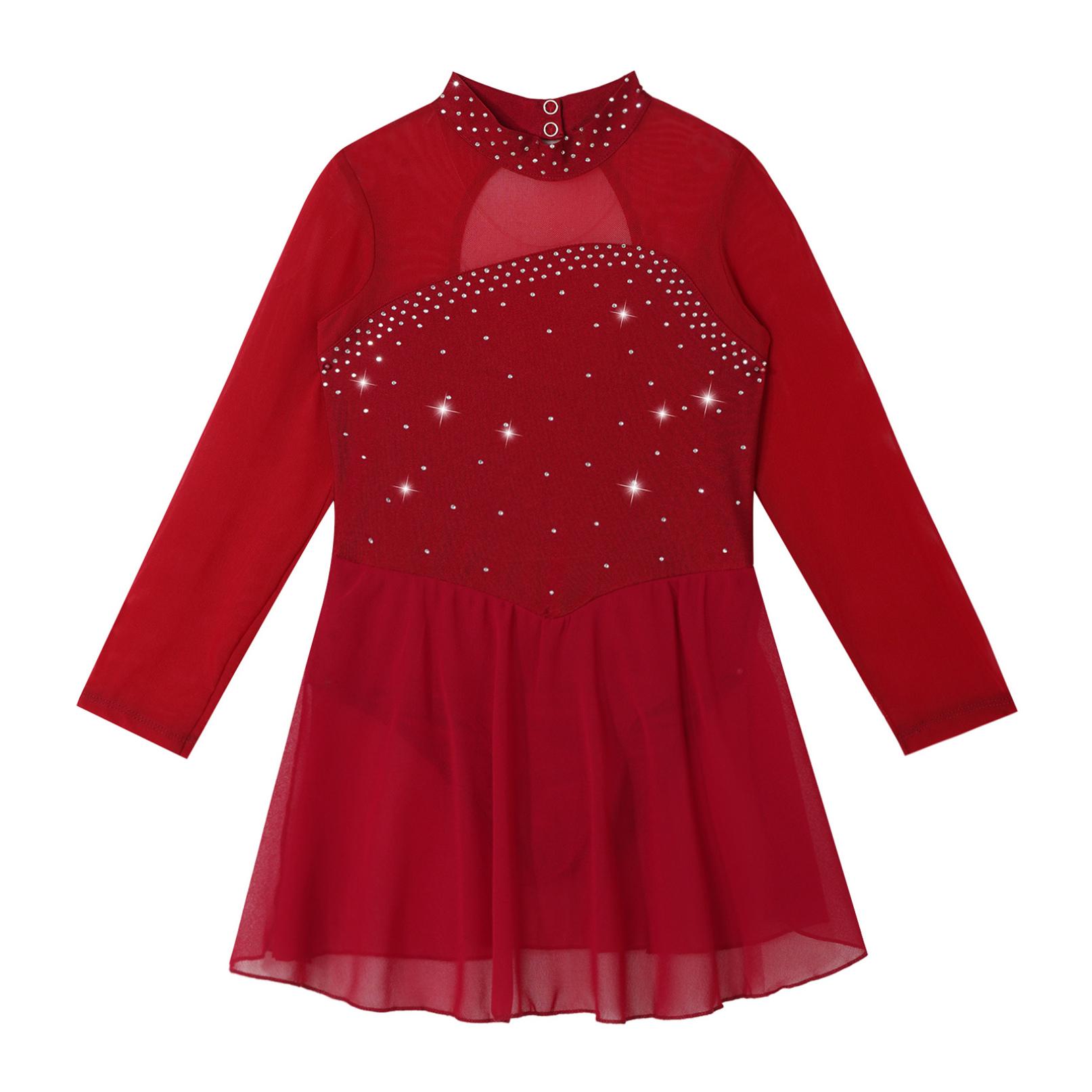 Inlzdz Figuur Schaatsen Jurk Kinderen Meisjes Lange Mouwen Tutu Mesh Ballet Dans Gymnastiek Turnpakje Jurk 15-16 Years bordeaux