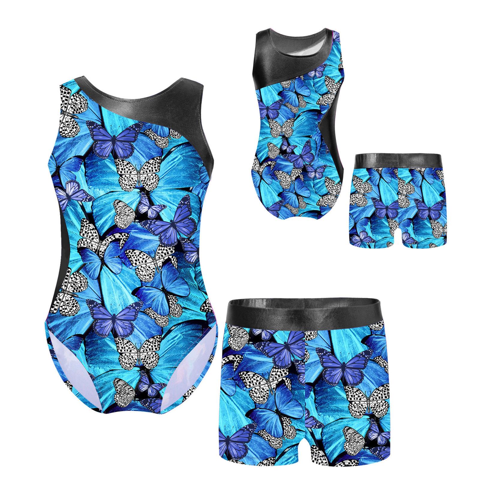 WinYing Meisjes bedrukte gymnastiek turnpakje dansoutfit 2-delige badmode jumpsuit met shorts balletpak 15-16 Years blauw/zwart