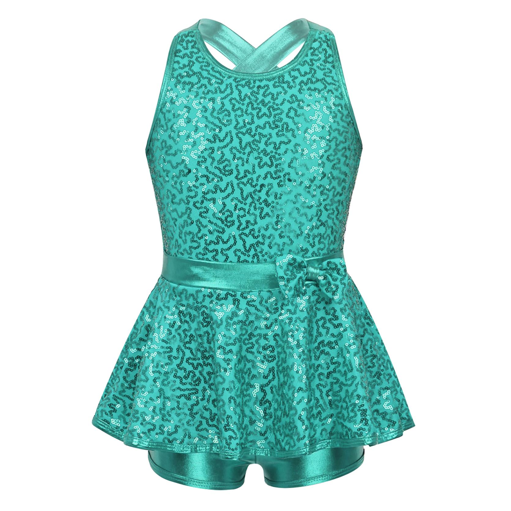 IEFiEL Kinderen meisjes jazz moderne tapdanskleding mouwloze lovertjes kriskras rug taille strik balletdans turnpakje jurk 8-10 Years meer groene kleur