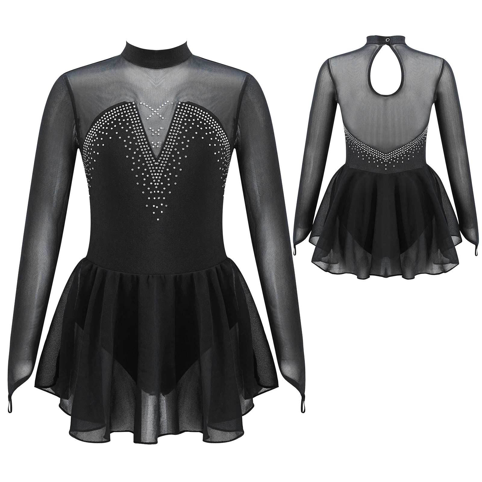 ZDHoor Kunstschaatsjurk Mesh Splice Style Jurk met lange mouwen Kinderen Meisjes Gymnastiek Danstraining 11-12 Years