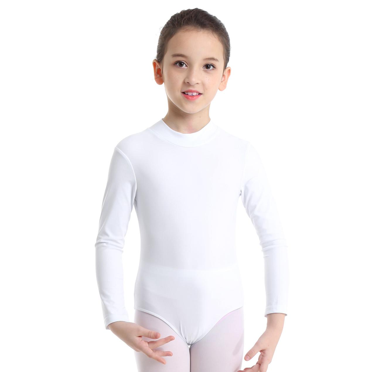 IEFiEL Meisjes Lange Mouwen Mock Hals Ballet Dans Kleding Gymnastiek Turnpakje Jumpsuit Unitard Ballerina Danskleding 11-12 Years wit