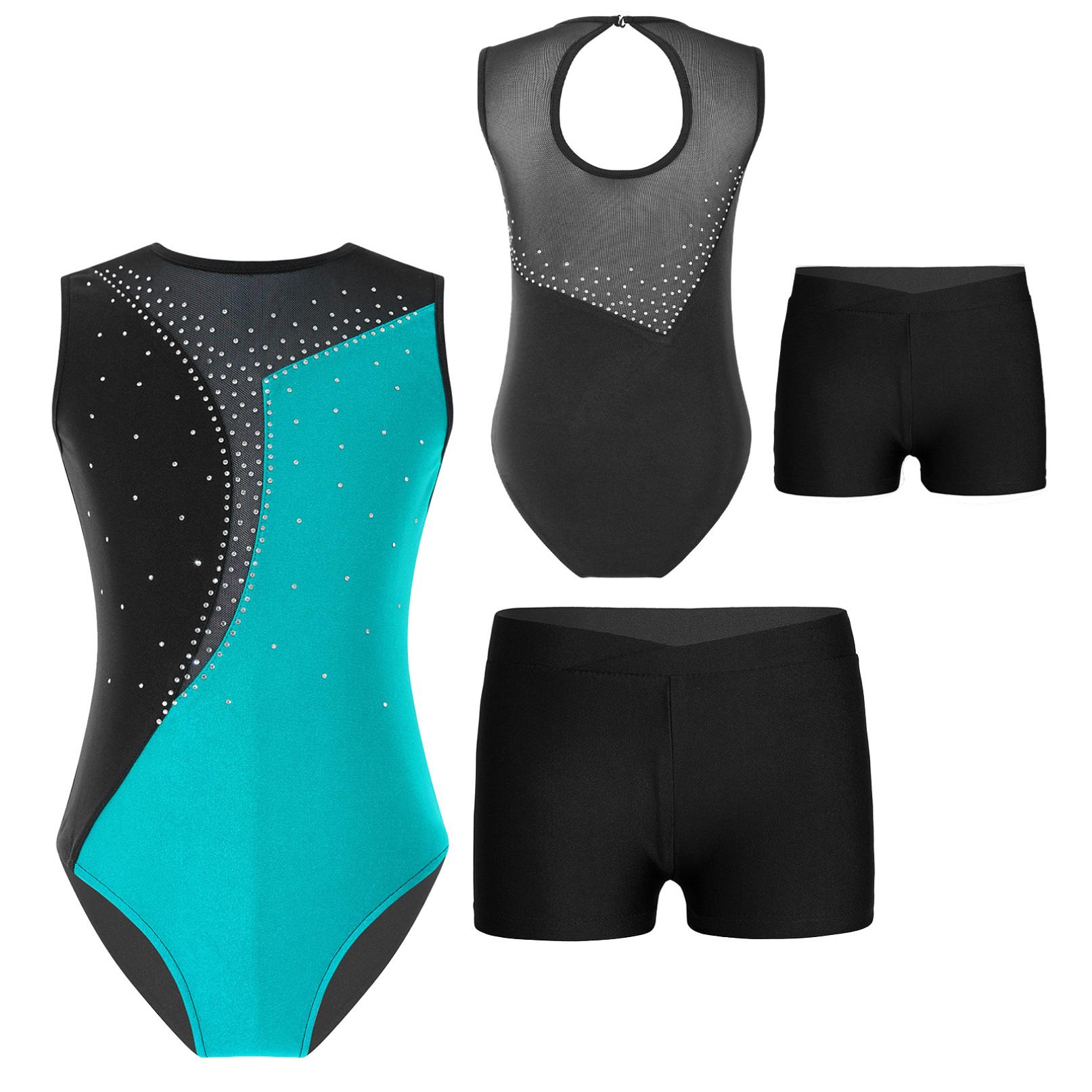 Inlzdz Kinderen Mouwloos Ballet Gymnastiek Turnpakje met Shorts Yoga Danskleding Sets Meisjes Kinderen Schaatsen Jumpsuit Dansoutfits 9-10 Years zwart/meer blauwe kleur