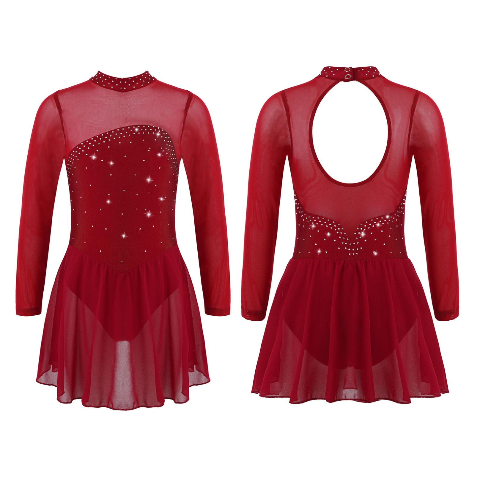 Inhzoy Kinderen Meisjes Kunstschaatsen Dans Jurk Lange Mouw Glanzende Strass Mesh Ballet Gymnastiek Turnpakje Jurken Competitie Danskleding 11-12 Years