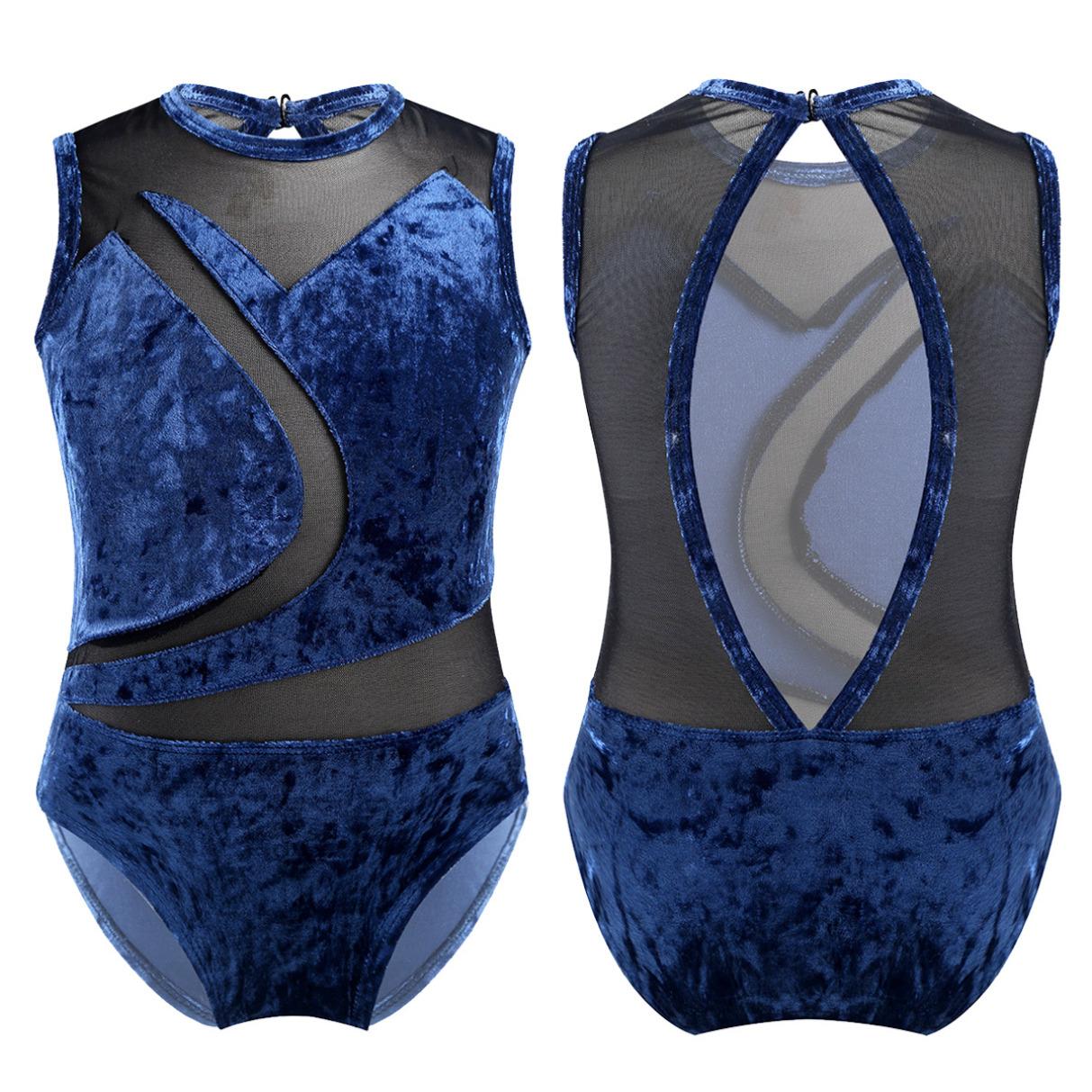 YONGHS Kinderen meisjes mouwloos uitgesneden rug fluwelen ballet turnpakje gymnastiek ballerina danskleding bodysuit 3-4 Years marineblauwe kleur