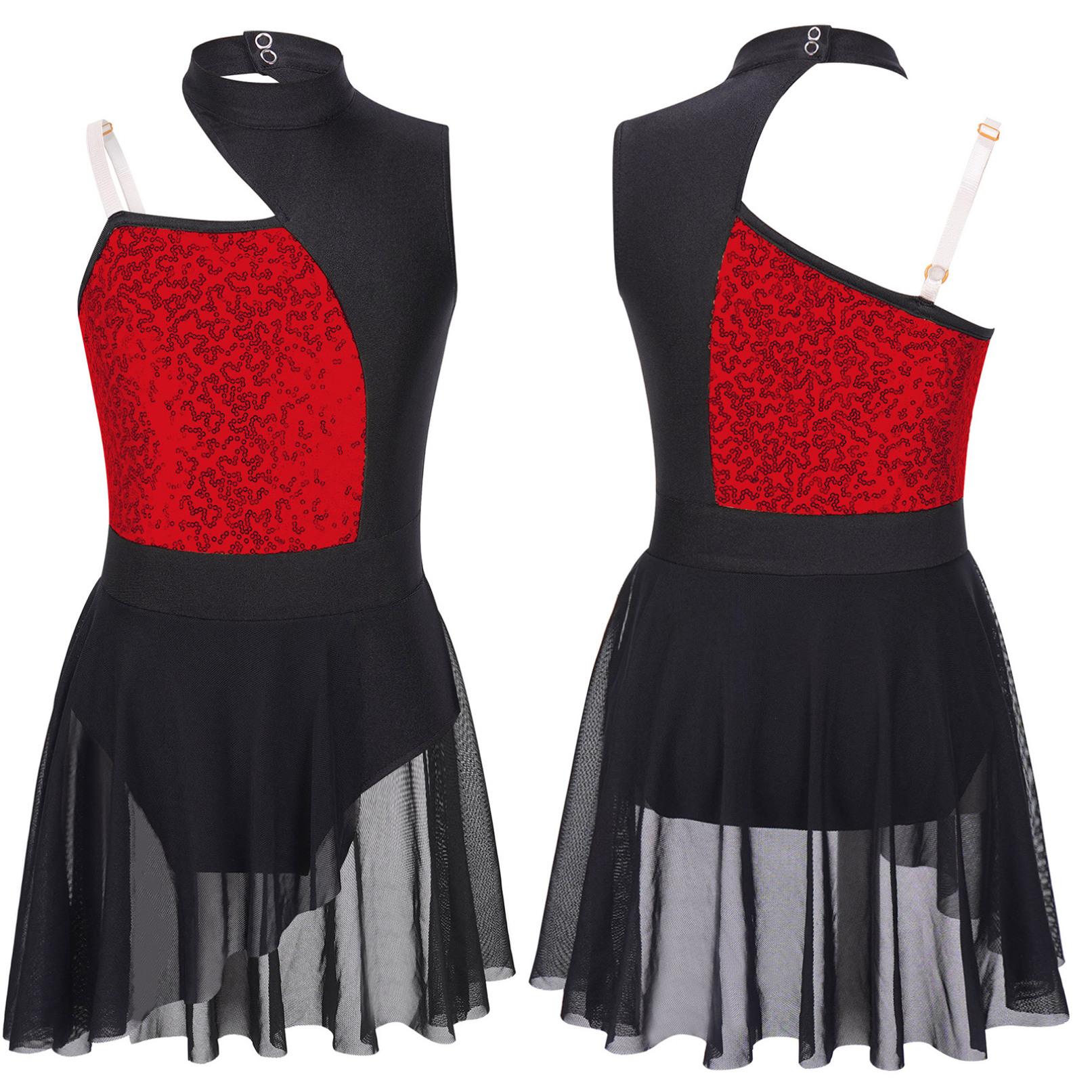 Ranrann Kinderen Meisjes Ballet Gymnastiek Turnpakje Jurk Mouwloze Glanzende Pailletten Off Schouder Lyrische Dans Jurk voor Stage Dance Kostuums 11-12 Years rood