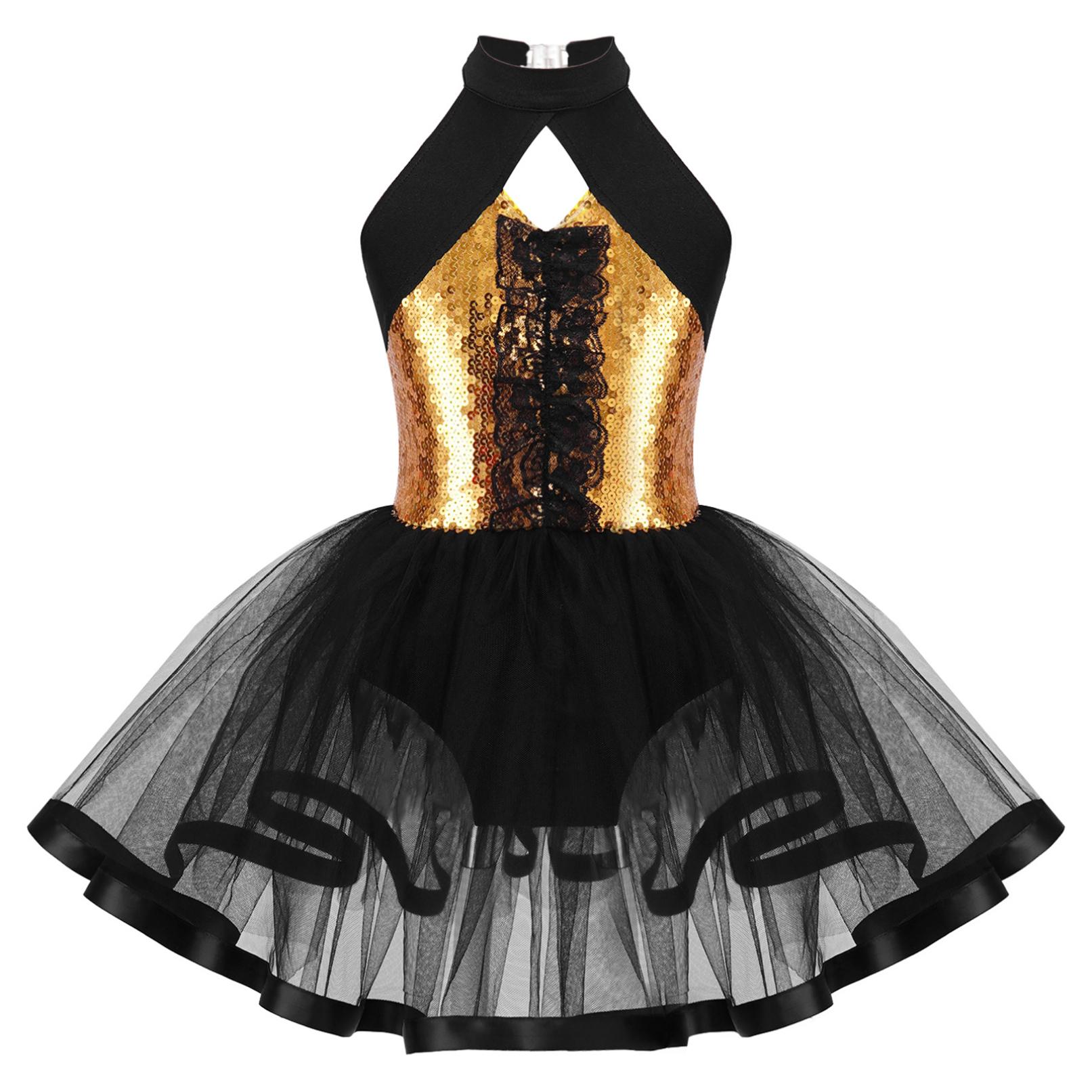 WinYing Kinderen Meisjes Glitter Pailletten Dans Tutu Ballet Jurk Halter Hals Gymnastiek Turnpakje Moderne Latin Jazz Dansen Prestaties Kostuum 5-6 Years goud