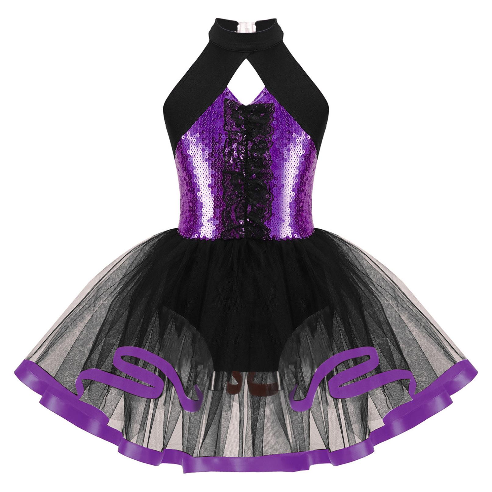 WinYing Kinderen Meisjes Glitter Pailletten Dans Tutu Ballet Jurk Halter Hals Gymnastiek Turnpakje Moderne Latin Jazz Dansen Prestaties Kostuum 11-12 Years paars