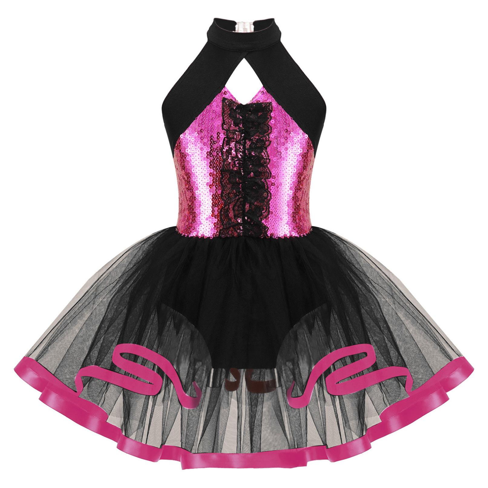 WinYing Kinderen Meisjes Glitter Pailletten Dans Tutu Ballet Jurk Halter Hals Gymnastiek Turnpakje Moderne Latin Jazz Dansen Prestaties Kostuum 11-12 Years helder roze