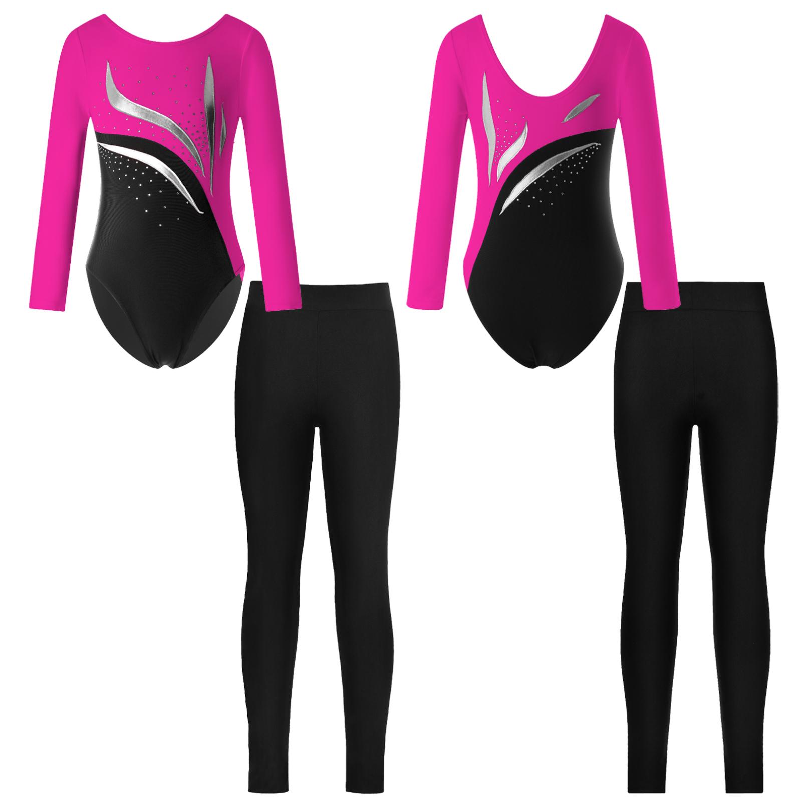 Daenrui Kinderen Meisjes Kinderen Biketard Gymnastiek Maillots met lange mouwen en ronde hals met slim-fit legging voor dansschaatsen 13-14 Years warm roze kleur/zwart