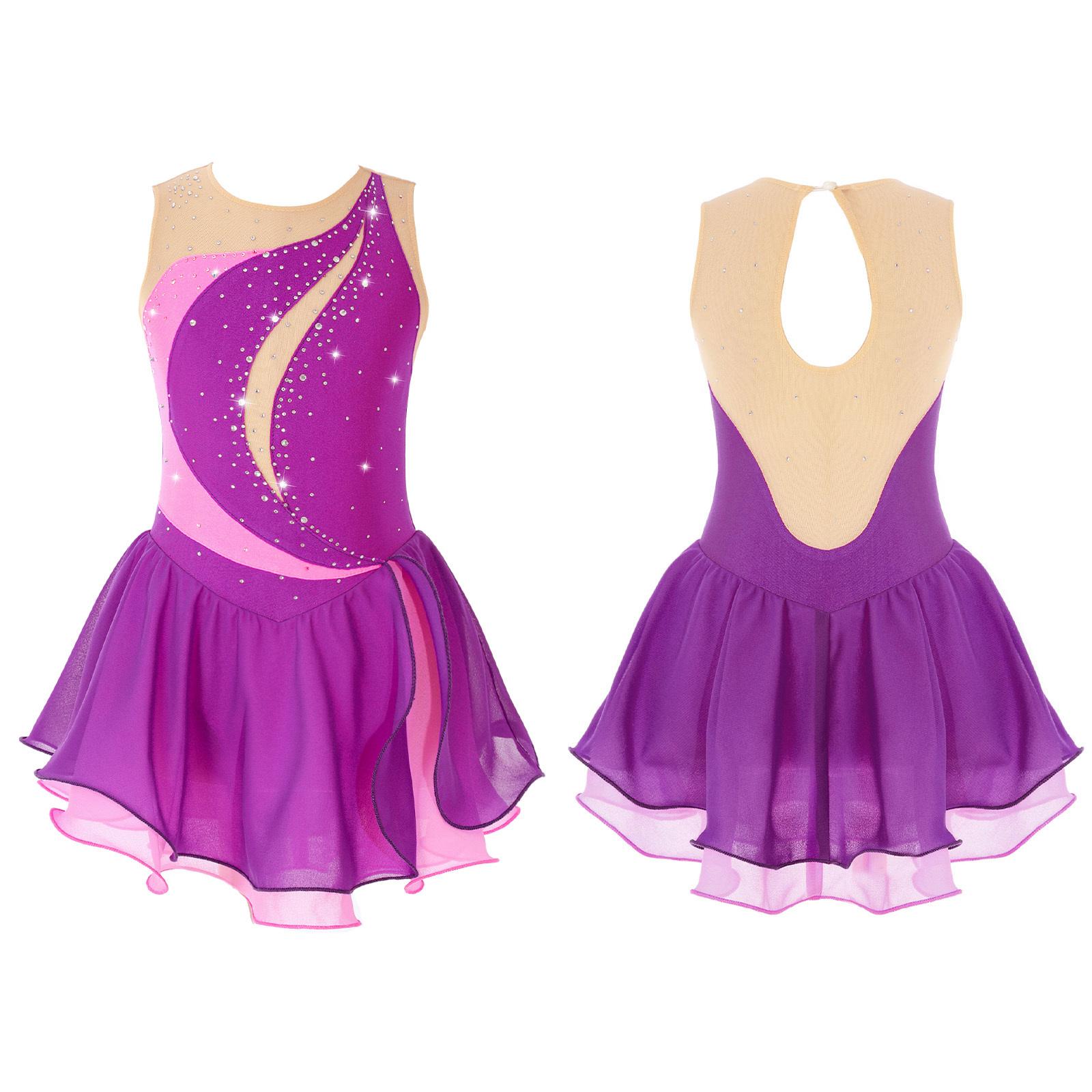 Sxiwei Kinderen meisjes mouwloze glanzende strass decor holle rug gymnastiek dansschaatsjurk 7-8 Years paars