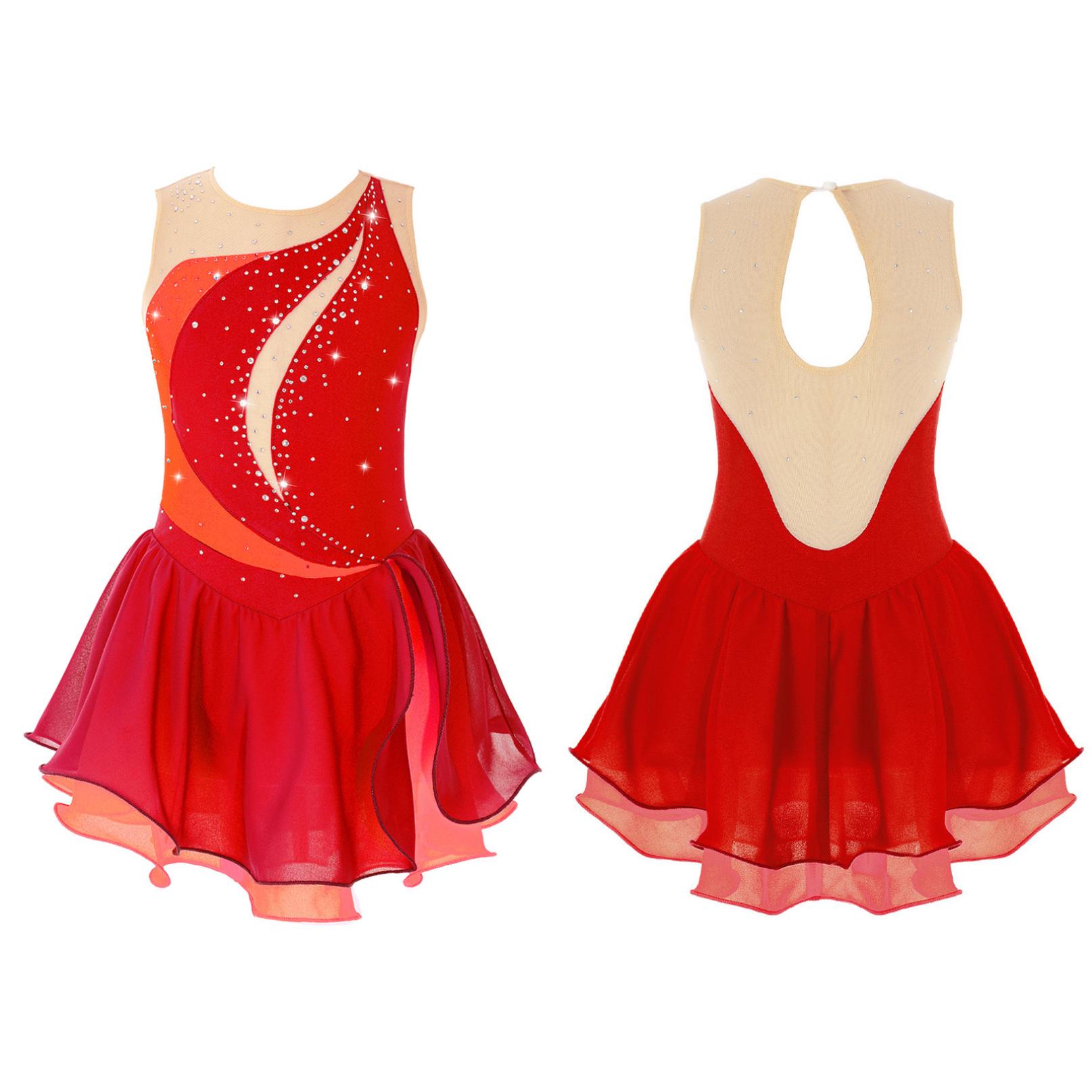 Inhzoy Kinderen Meisjes Mouwloze Kunstschaatsjurk Glanzend Strass Ballet Gymnastiek Dans Turnpakje Stage Performance Kostuum 7-8 Years rood