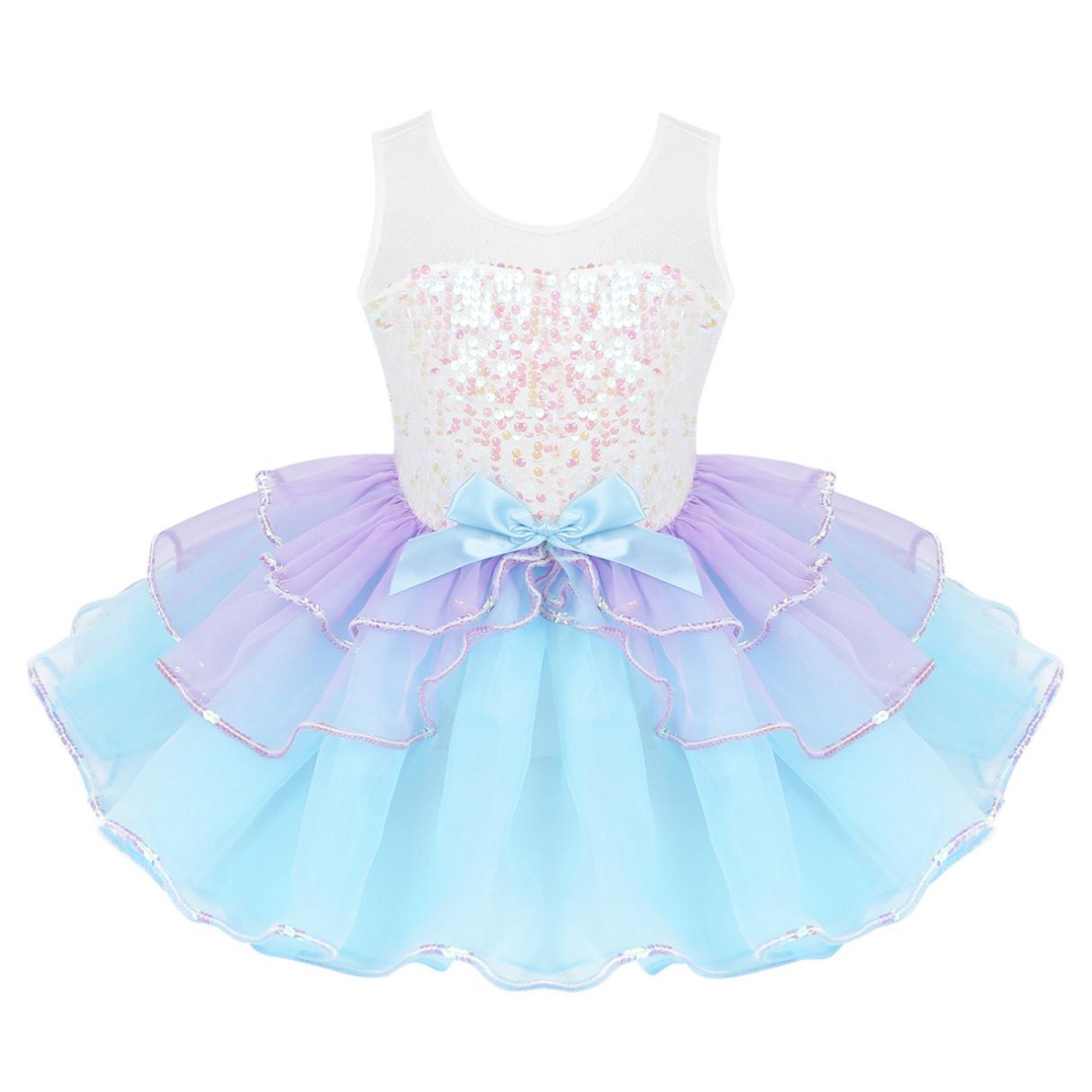 Inhzoy Kinderen Meisjes Pailletten Ballet Tutu Jurk Ballerina Mouwloos Strik Dansjurk Prestatie Danskleding Kostuum 9-10 Years lichtblauwe kleur