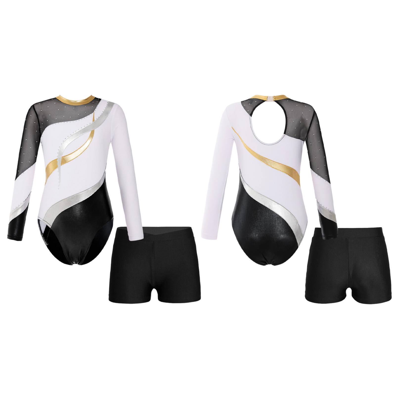 Inlzdz Meisjes 2 stuks Sparkle Ballet Dans Outfits Lange mouwen Gymnastiek Leotard Unitard met Shorts 11-12 Years wit