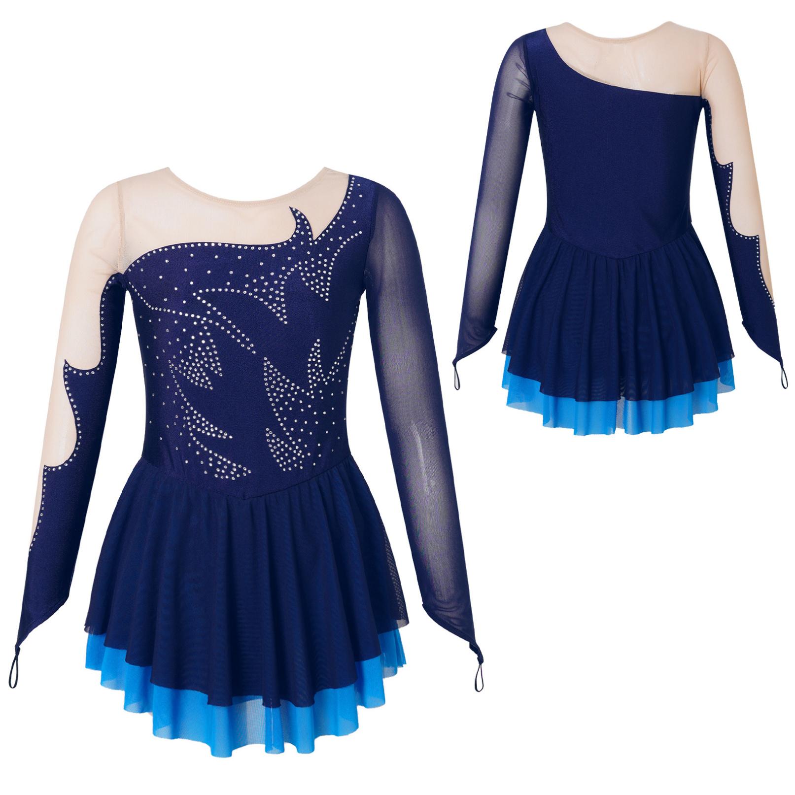 YOOJIA Kinderen Meisjes Strass Lange Mouw Roller Figuur Schaatsen Jurk Sheer Mesh Keyhole Terug Dans Turnpakje Jurk Dancewear 5-6 Years marineblauwe kleur