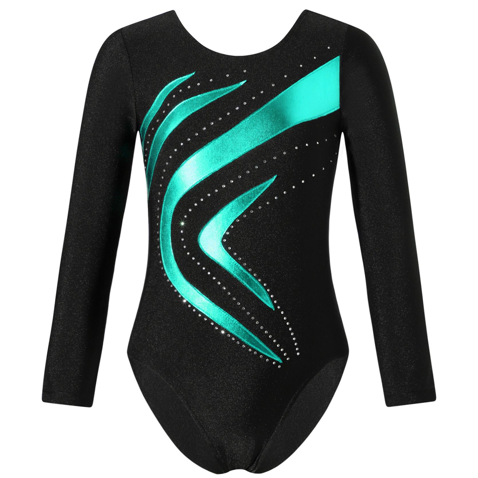 IEFiEL Kinderen meisjes glanzend strass decor gymnastiek turnpakje ronde hals lange mouw fitness dans bodysuit outfit 13-14 Years groen/blauw