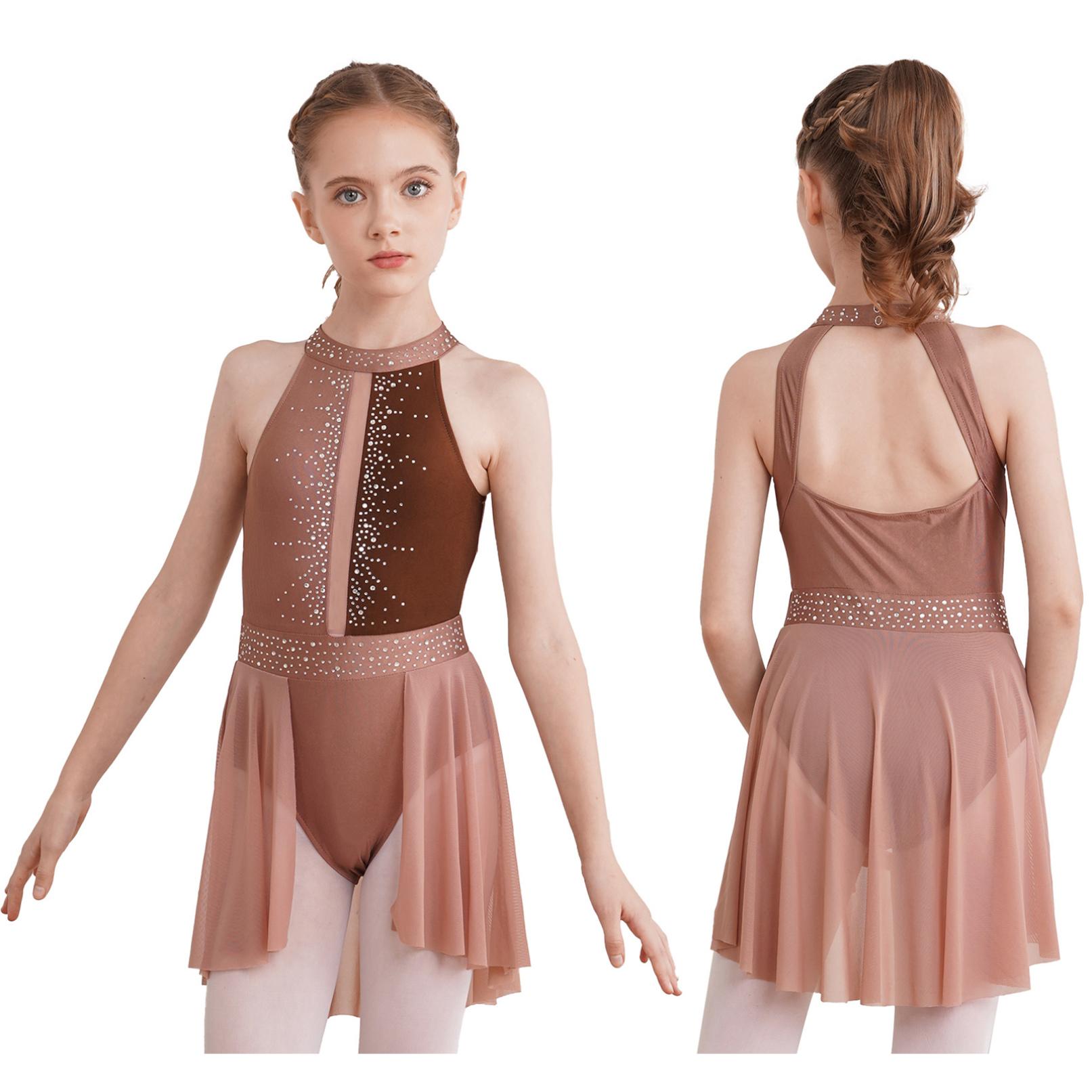 Tiaobug Ballet Tutu Dansjurk voor Meisjes Mouwloos Strass Lyrische Dans Turnpakje Schaatsen Gymnastiek Toneelkostuum 9-10 Years koffie