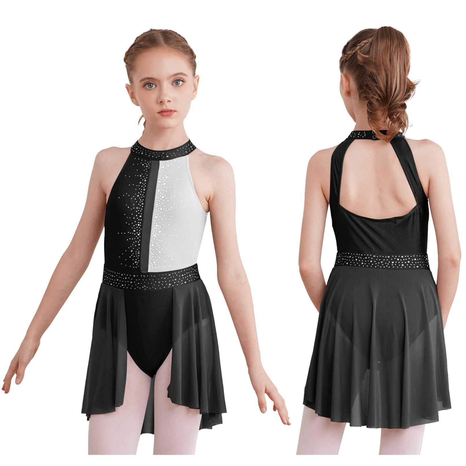Tiaobug Ballet Tutu Dansjurk voor Meisjes Mouwloos Strass Lyrische Dans Turnpakje Schaatsen Gymnastiek Toneelkostuum 7-8 Years wit/zwart