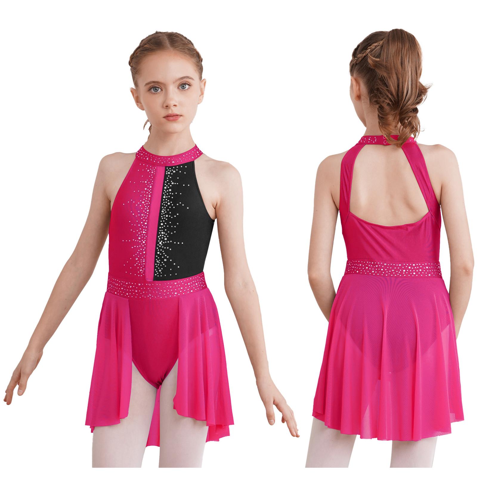 Tiaobug Ballet Tutu Dansjurk voor Meisjes Mouwloos Strass Lyrische Dans Turnpakje Schaatsen Gymnastiek Toneelkostuum 5-6 Years zwart/warm roze kleur