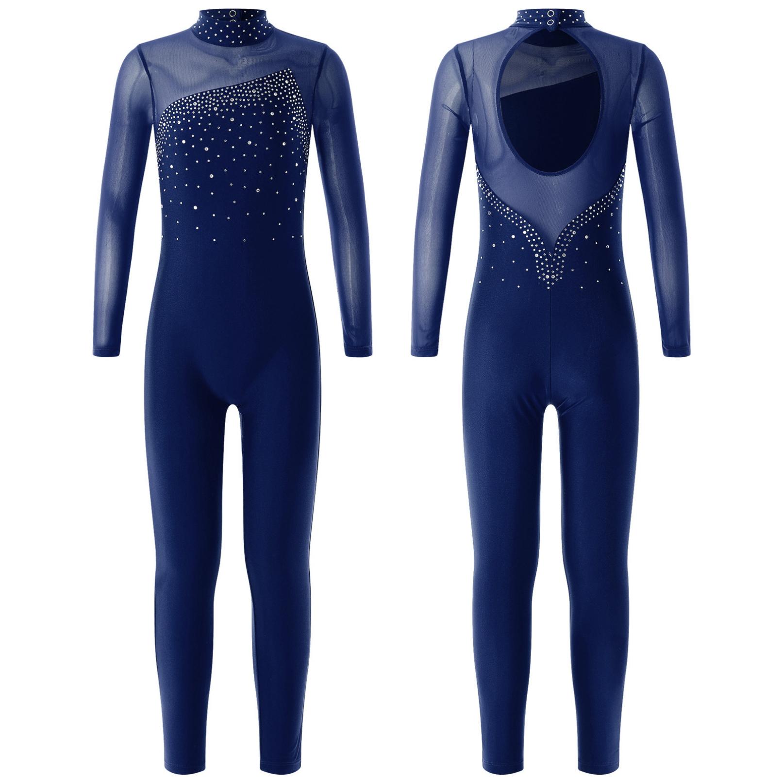 WinYing Kinderen Meisjes Lange Mouw Een Stuk Glanzend Strass Unitard Full Body Dans Turnpakje Bodysusit 15-16 Years marineblauwe kleur