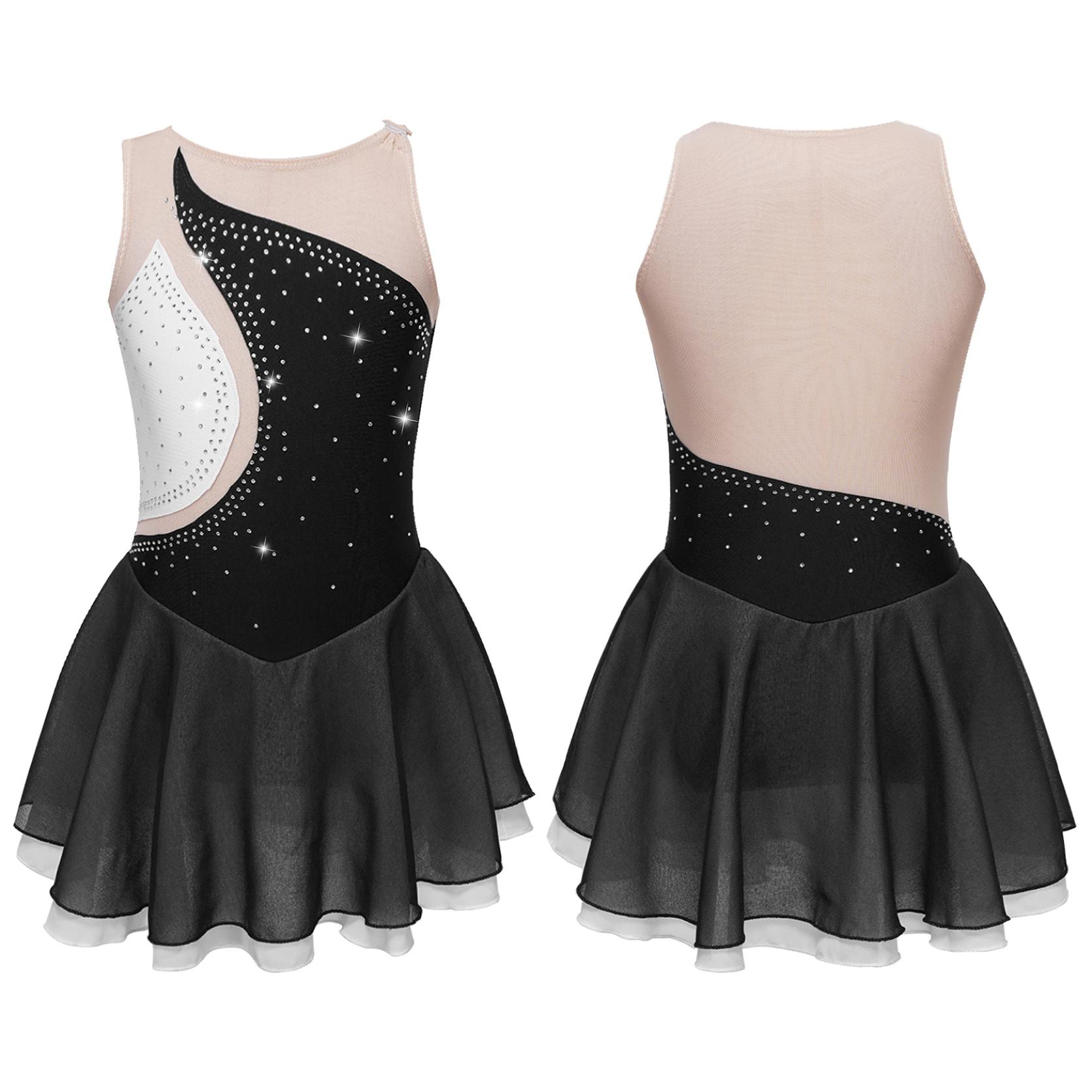 IEFiEL Ballet Dans Jurk Kind Meisjes Strass Mesh Rok Gymnastiek Turnpakje Prestaties Figuur Schaatsen Jurk Danskleding 12-14 Years