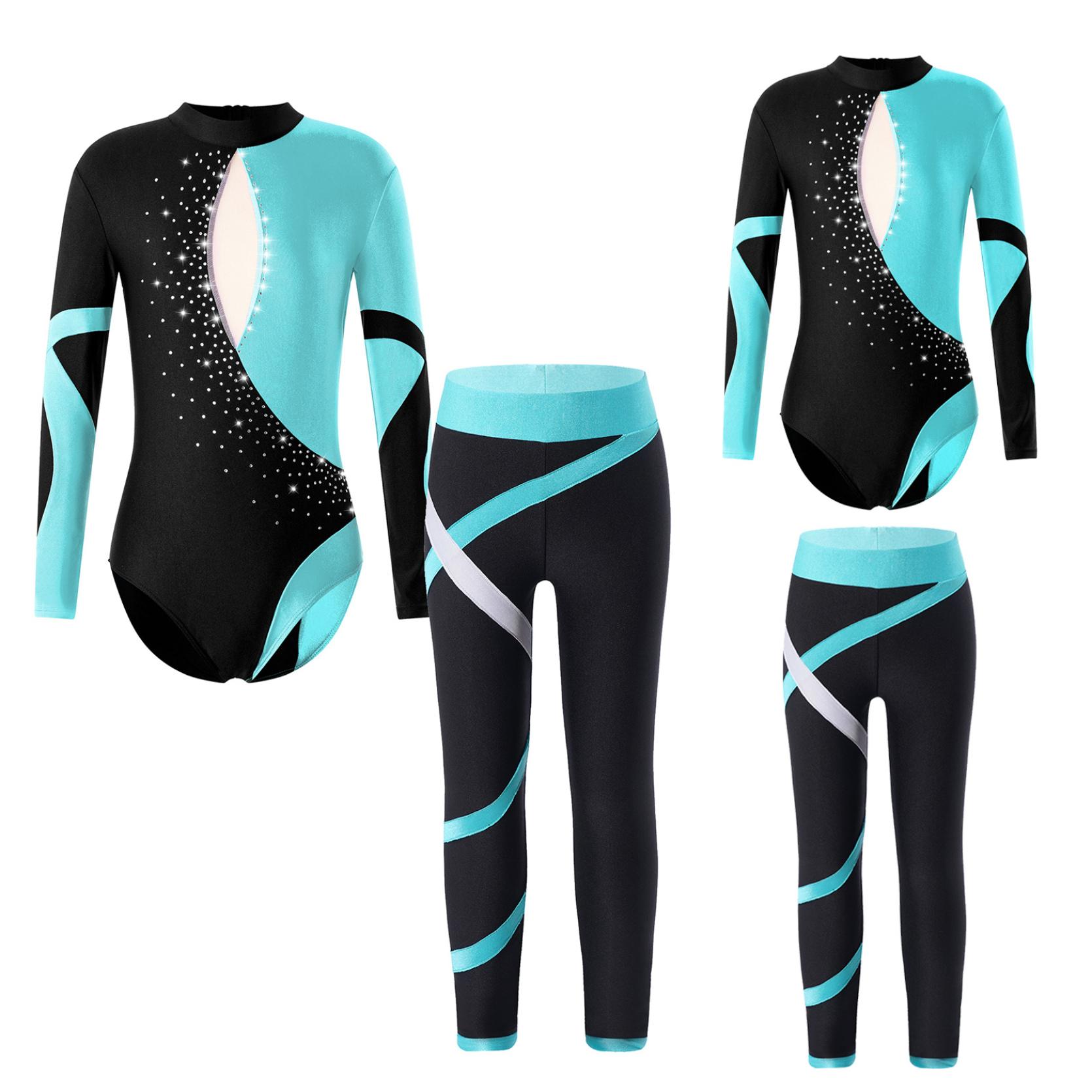 IEFiEL Turnpakje voor meisjes, bodysuit met lange mouwen, Jersey body met legging, Lange broek, SkinnyTight, Sport-balletkleding voor kinderen 11-12 Years meer blauwe kleur