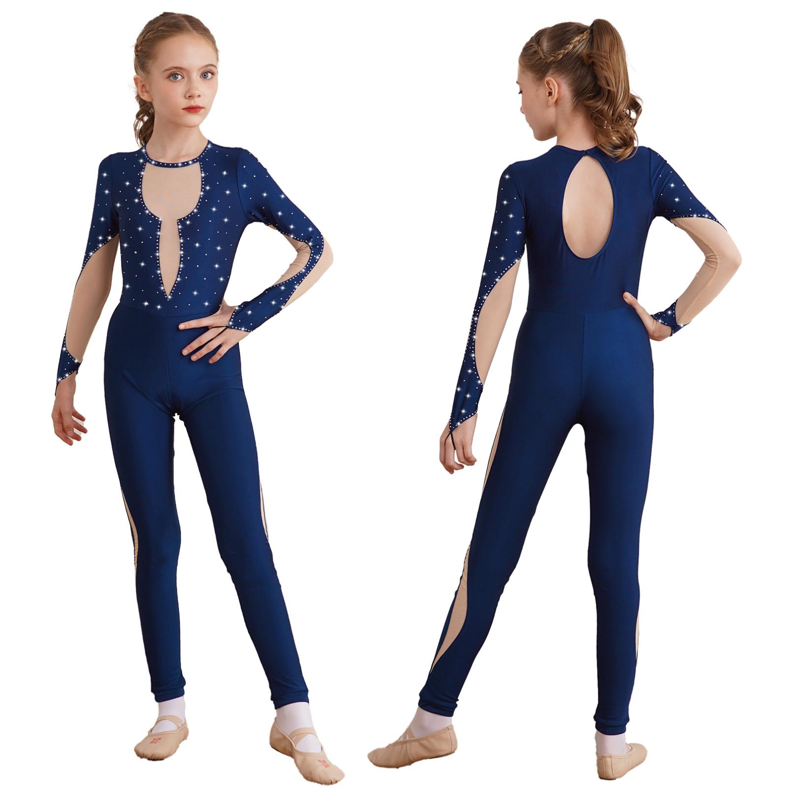 Daenrui Kinderen Meisjes Kunstrijden Gymnastiek Dansvoorstelling Kostuum Jumpsuit Lange Mouw Unitard Bodysuit 9-10 Years marineblauwe kleur